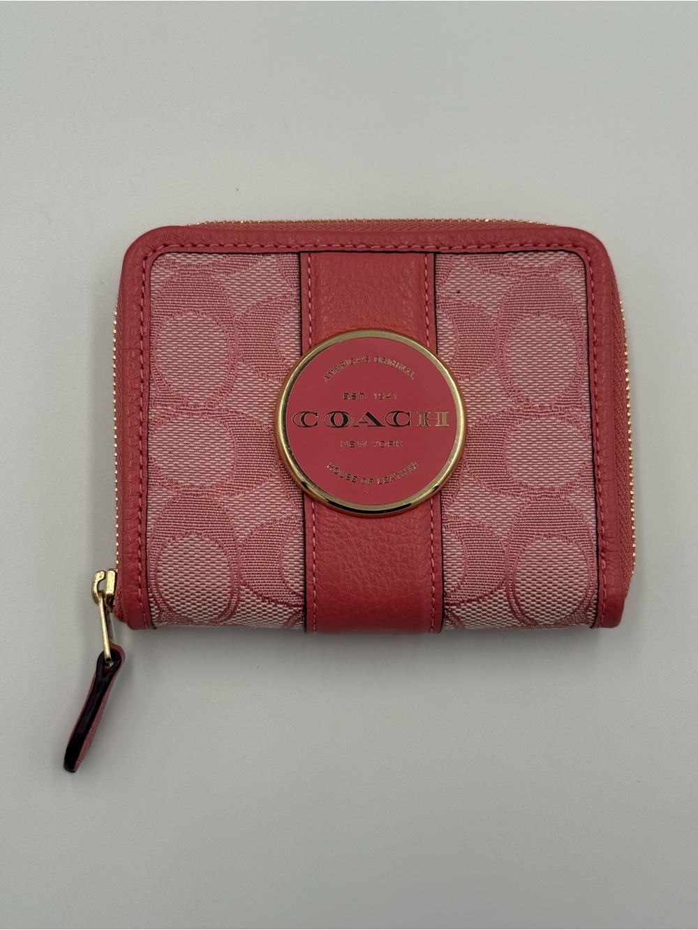Coach Pink Signature Compact Zip Wallet with Gold Accent